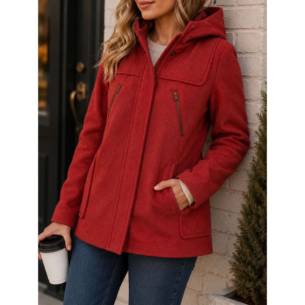 Merona Women's Red Hooded Wool Blend Coat Jacket Size Small